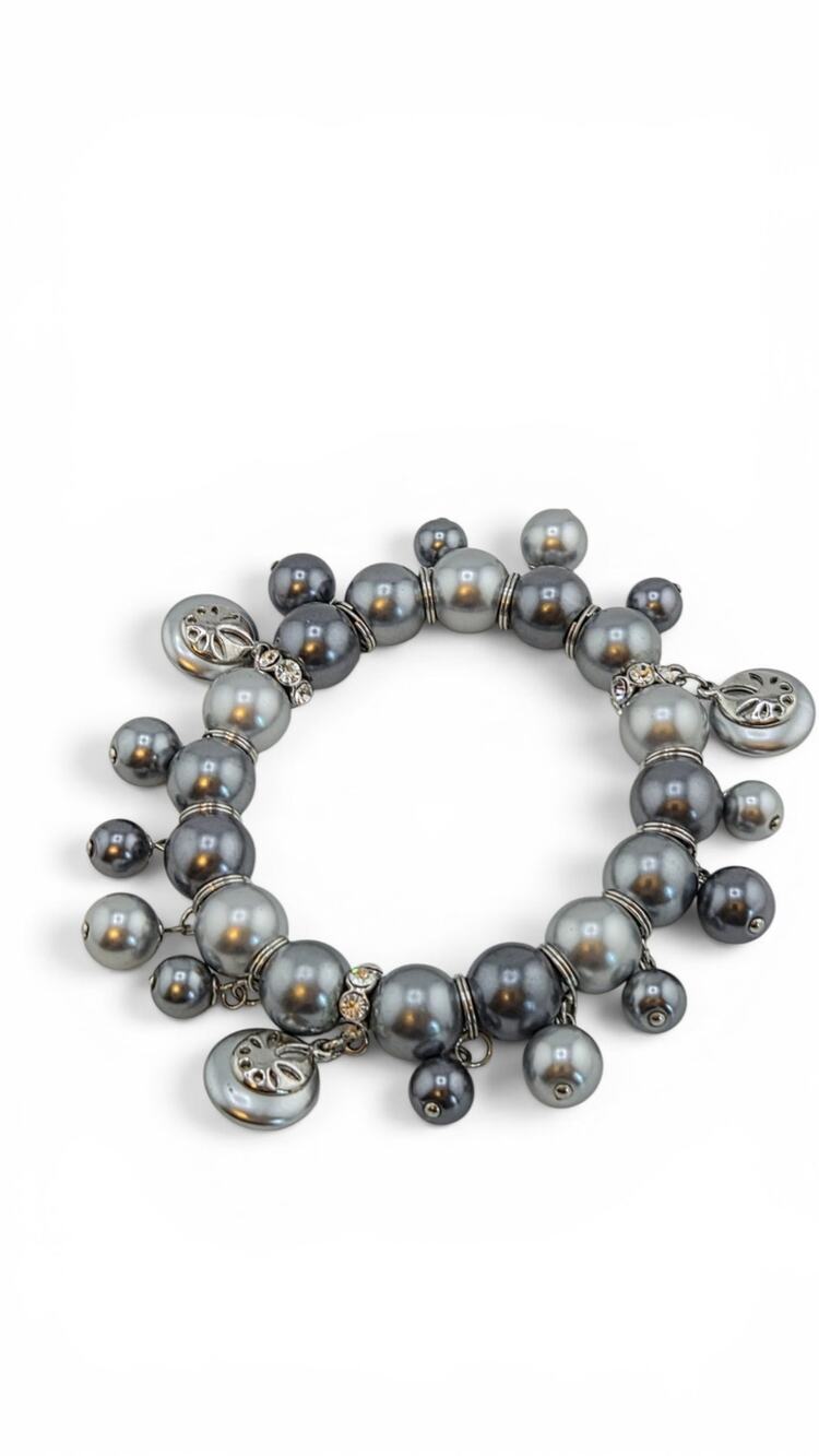 Gray Faux Pearl Charm Stretch Bracelet Dangle Beads Rhinestone Accents Statement